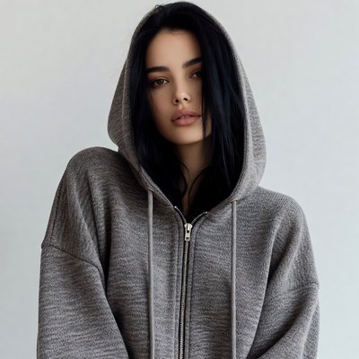 Woman in gray hoodie