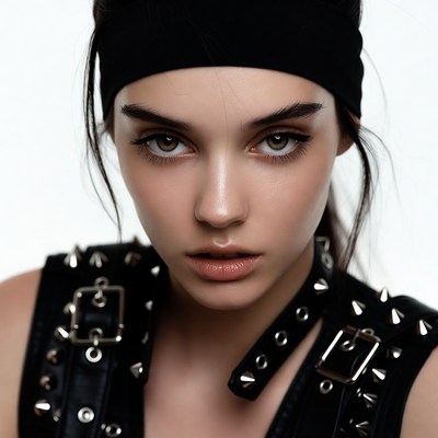 Woman in black leather studded vest