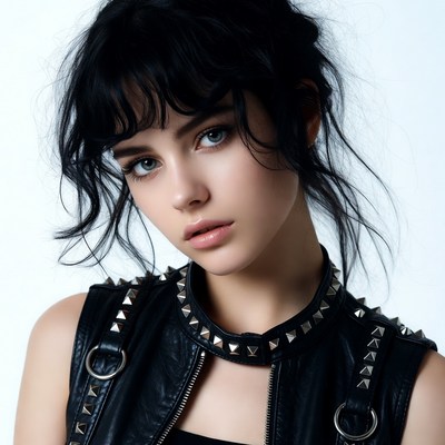 Woman in black studded leather vest