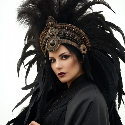 Woman wearing black feather headdress
