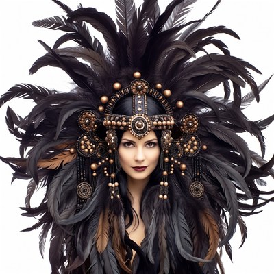 Woman in elaborate black feather headdress