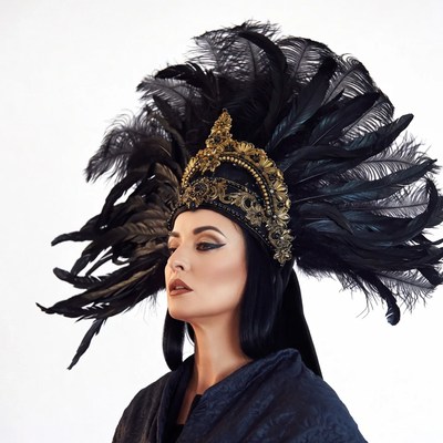 Woman wearing black feather headdress