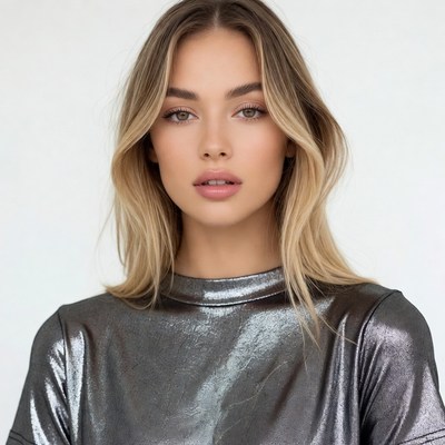 Blonde woman in shiny silver top