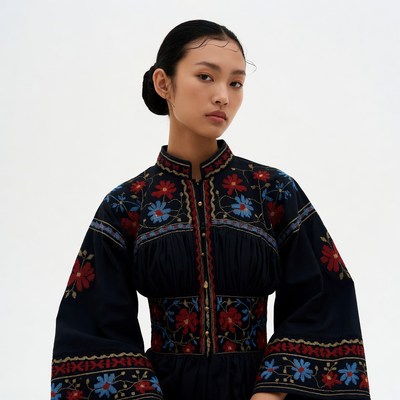 Asian woman in embroidered navy dress