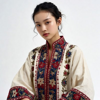 Asian woman in embroidered mandarin jacket