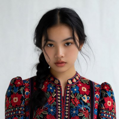 Asian woman in embroidered dress