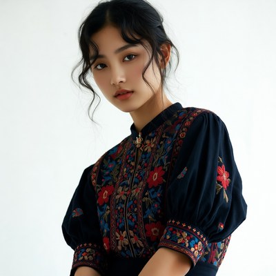 Asian woman in embroidered navy dress