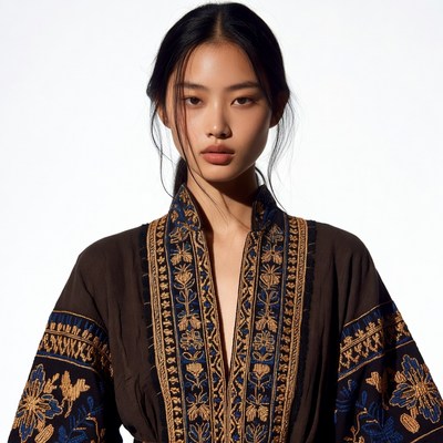 Asian woman in embroidered brown jacket