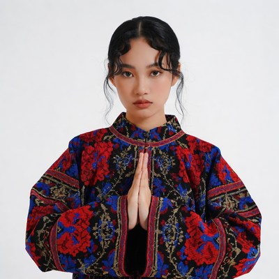 Asian woman in embroidered jacket praying