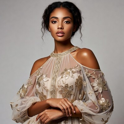 African-American woman in gold embroidered dress