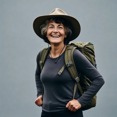 Smiling woman in hat with backpack