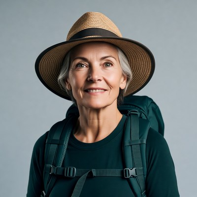 Smiling senior woman in straw hat backpack
