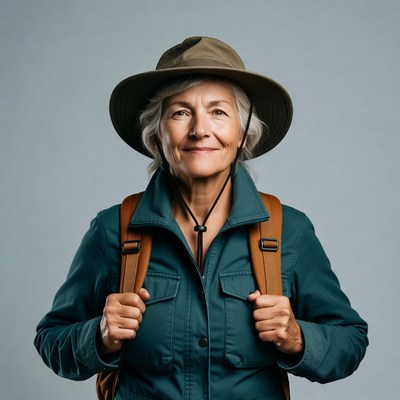 Elderly woman in hat and backpack