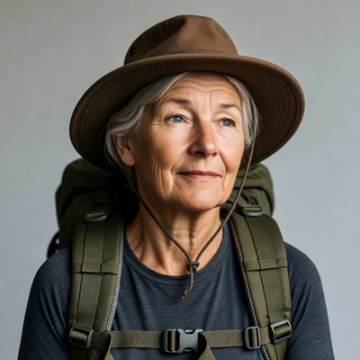 Elderly woman wearing hat and backpack