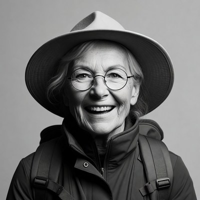 Elderly woman smiling in hat and backpack
