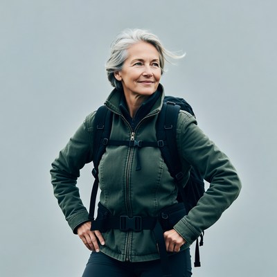 Silver-haired woman with backpack outdoors