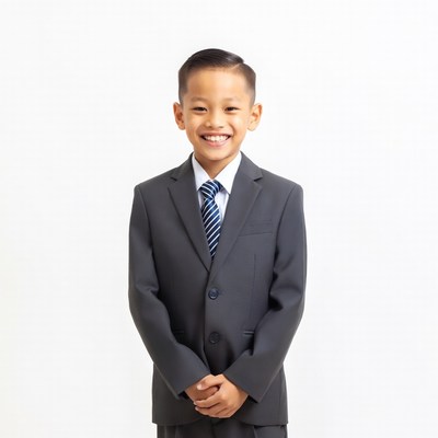 Asian boy in gray suit smiling