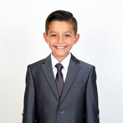 Young boy in gray suit smiling