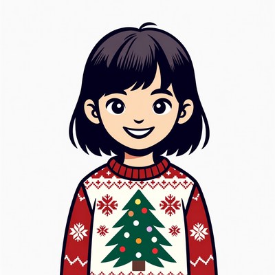 Asian girl in Christmas tree sweater