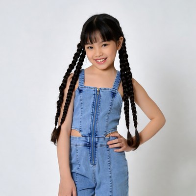 Asian girl in blue denim jumpsuit