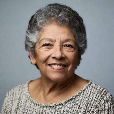 Elderly woman smiling with gray curly hair
