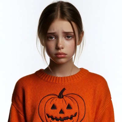 Girl in orange jack-o-lantern sweater