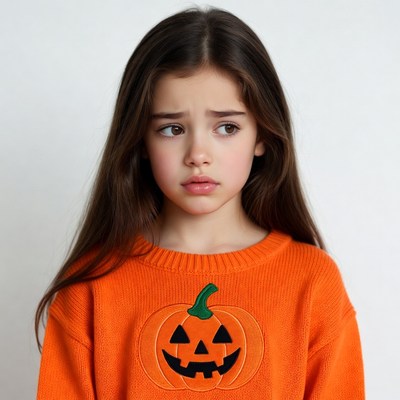Girl in pumpkin Halloween sweater
