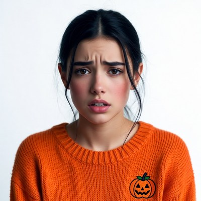 Woman in orange pumpkin sweater