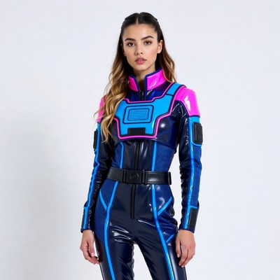 Woman in blue pink futuristic bodysuit