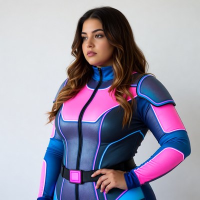 Curvy woman in pink blue superhero suit