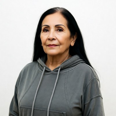 Middle-aged Latina woman in gray hoodie