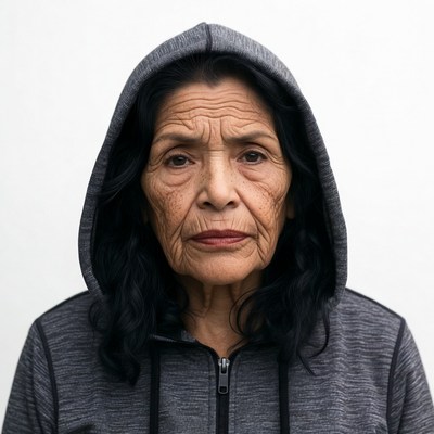 Elderly woman in gray hoodie
