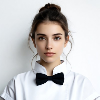 Woman in white chef uniform bowtie