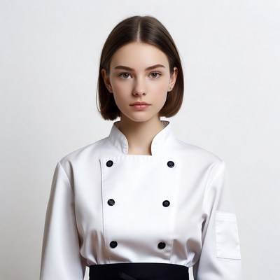 Young woman in white chef uniform
