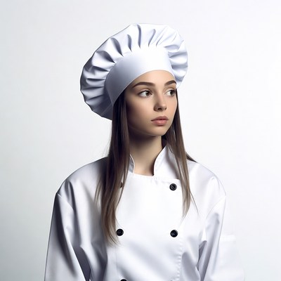 Young woman in white chef uniform