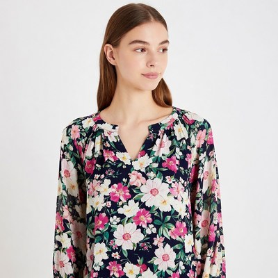 Woman in floral print blouse