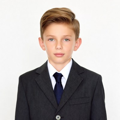 Young boy in gray suit and tie