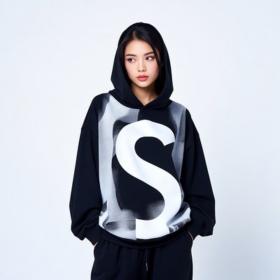 Asian woman in oversized black hoodie