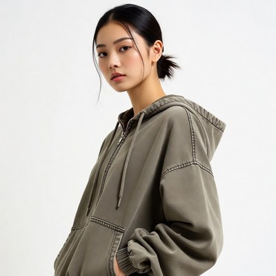 Asian woman in gray hoodie
