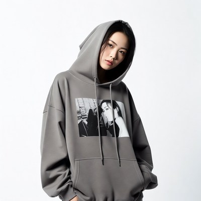Asian woman in printed hoodie