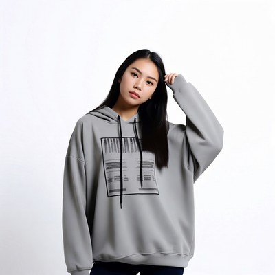 Asian woman in gray hoodie touching head