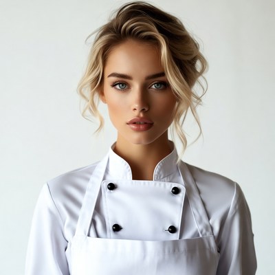 Blonde woman in white chef uniform