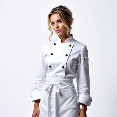 Blonde woman in white chef uniform