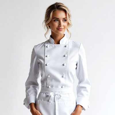 Blonde woman in white chef uniform