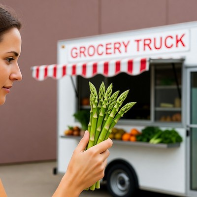 Woman holding asparagus at grocery truck