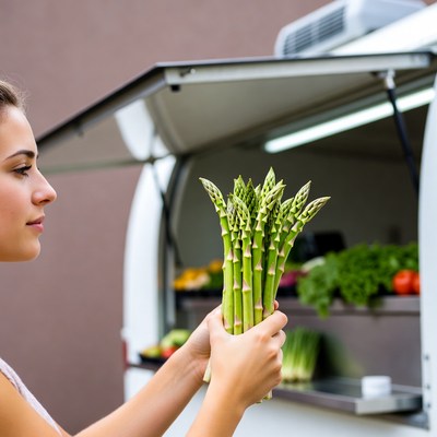 Woman holding asparagus at food truck