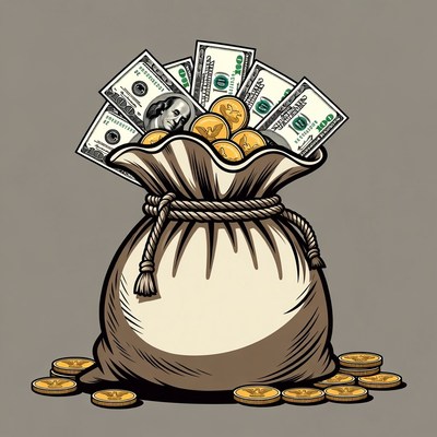 Money Bag with Dollars and Gold Coins