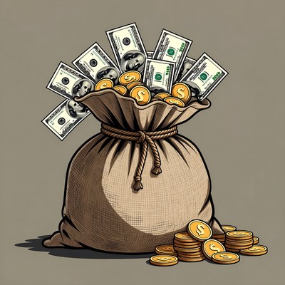Money Bag Overflowing with Dollars and Coins