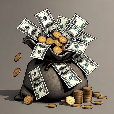 Money Bag Overflowing with Cash and Coins