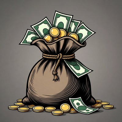 Money Bag with Dollars and Coins